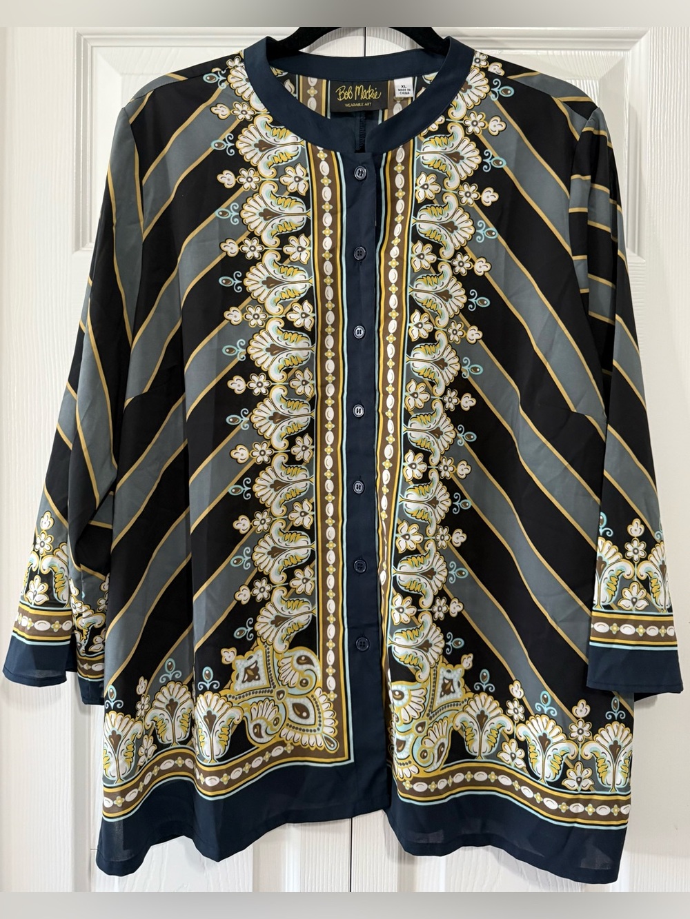 Bob Mackie Wearable Art XL Border Print Button-Front Blouse Jacket Top